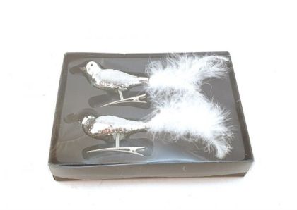 Стъклени сребристи птички с пухени опашки 2 бр. комплект